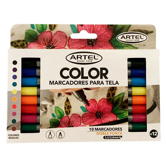 Estuche Marcadores de Tela  doble punta 10 Colores Básicos