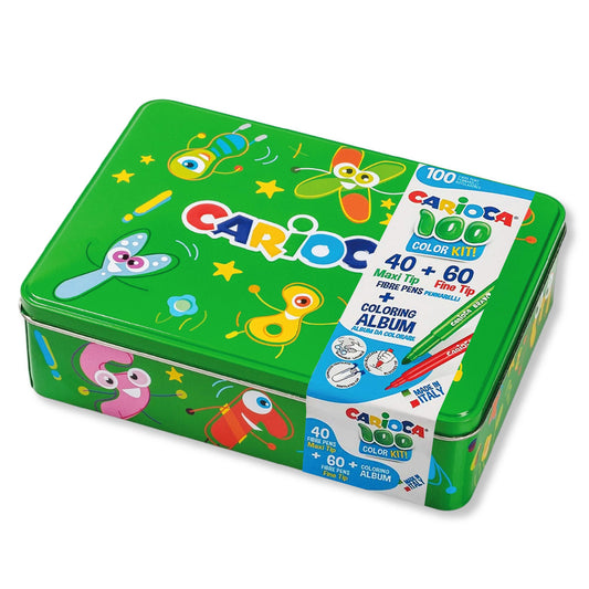 set de plumones Carioca 100 colores + album para colorear punta fina y maxi tip
