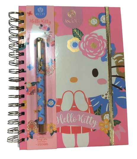 Libreta Hello Kitty con Stickers + Bolígrafo Tinta Negra Ascott