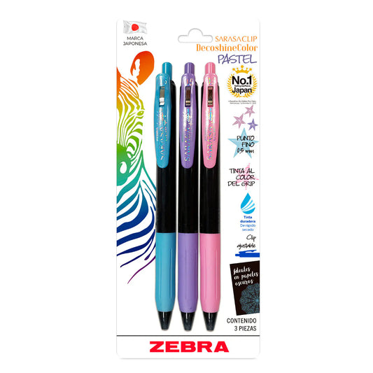 Set 3 Lápices Gel Sarasa Decoshine 05mm Pastel Zebra