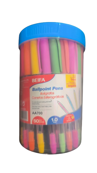 Set de 50 Bolígrafos Pasta de Colores Vivos 1.0 mm Beifa + Recipiente